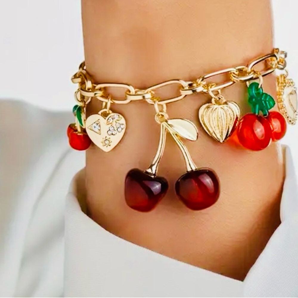1pc Golden-Tone Alloy Cherry Bracelet with Heart & Bow Charms, and Red Cherries